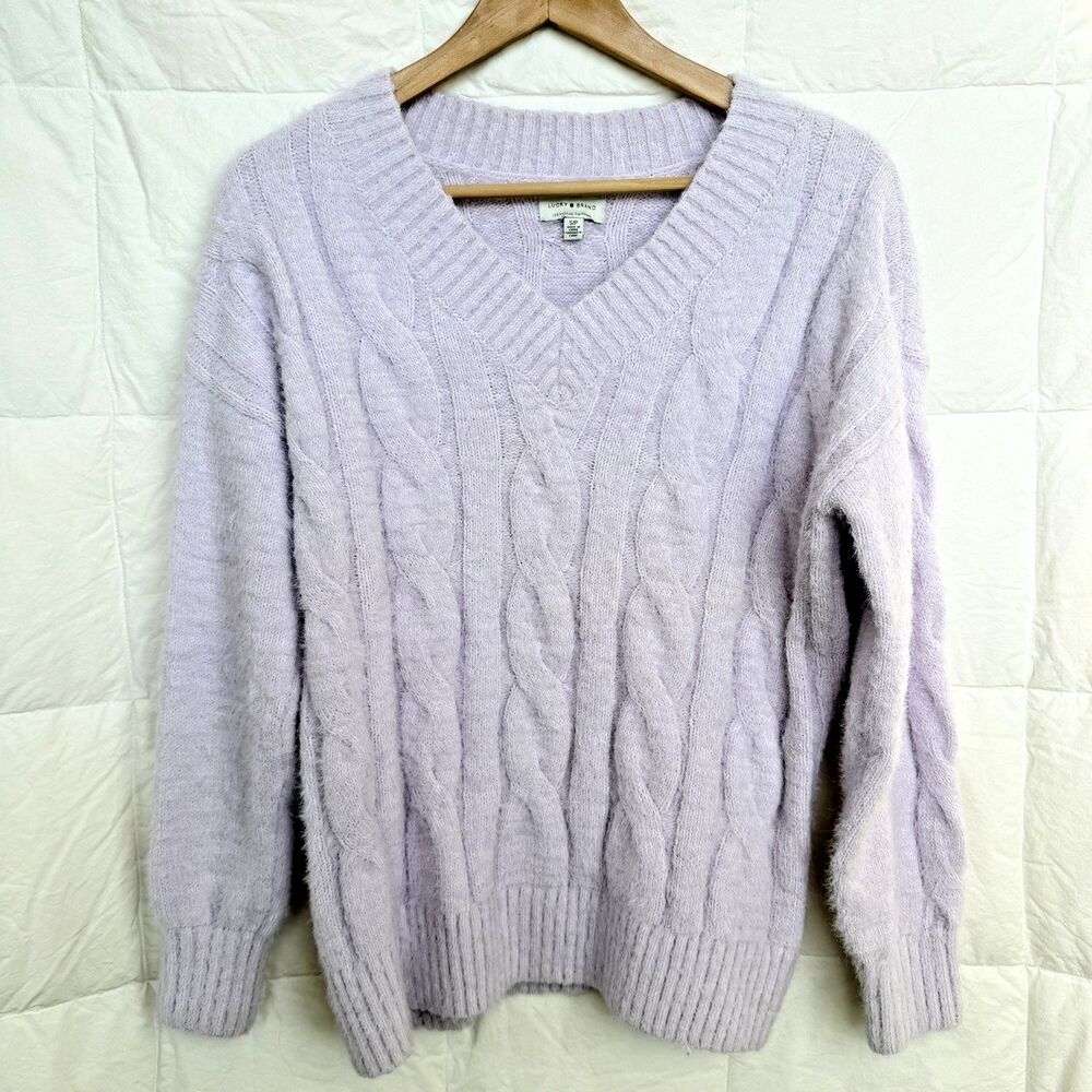 Lucky Brand Small Women’s Lilac Violet Fuzzy Eyelash Cable Knit V-Neck Sweater